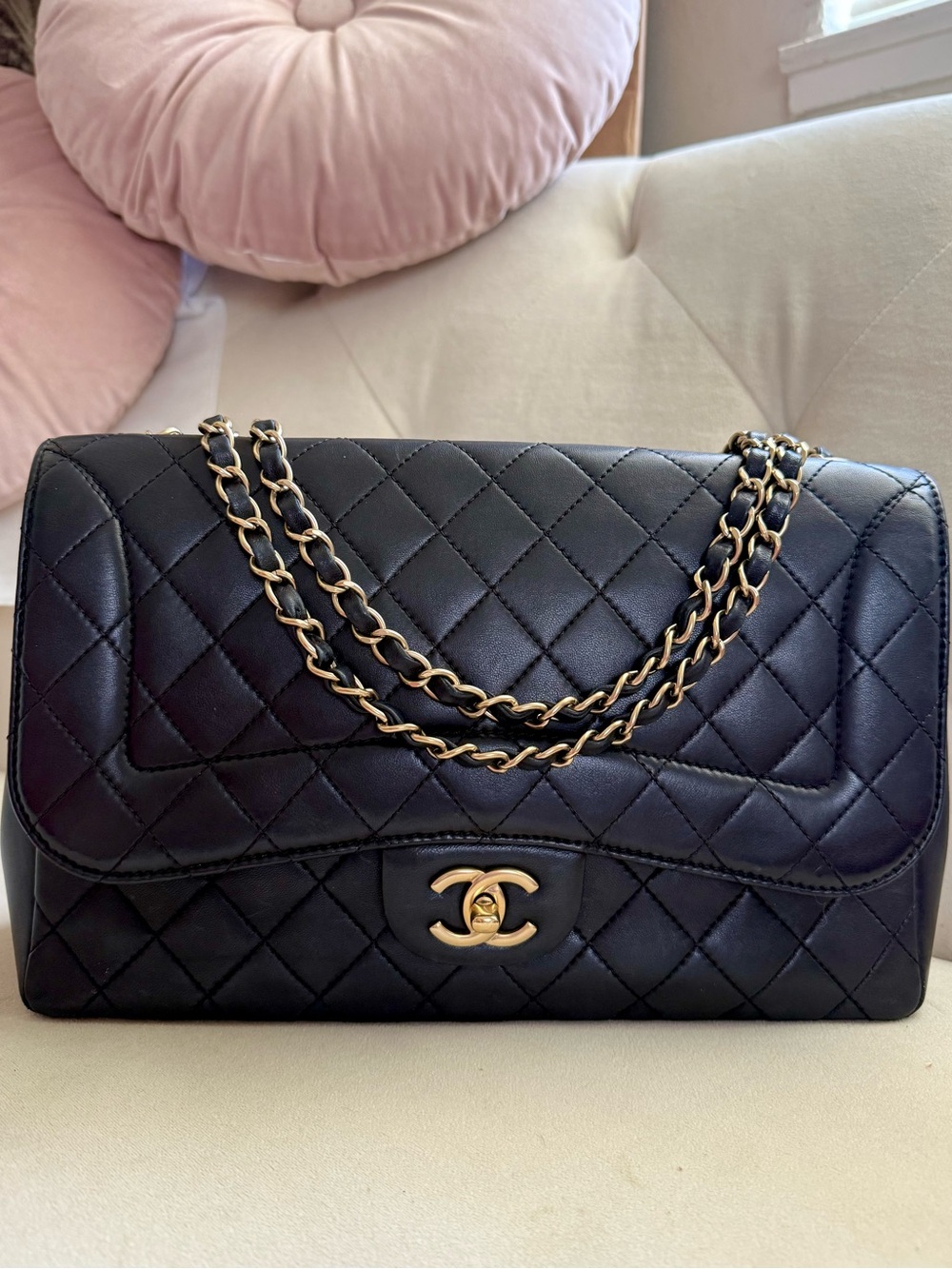 Chanel Quilted Lambskin Mademoiselle Chic Flap Jumbo Size Black Gold hardware